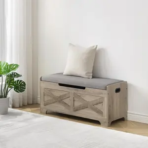 Storage Bench, Retro Wooden Storage Chest with Upholstered, 2 Safety Hinges, Loads 300 lb, Easy Assembly, Storage Ottoman Bench for Bedroom Entryway Living Room