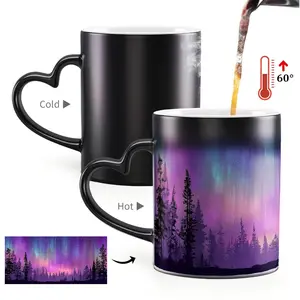 Aurora Color Changing Coffee Mug, Ceramic Coffee Mug - Color Changing Aurora Borealis Design for Hot and Cold Drinks Ceramic Mugs, Heart shaped handle Cup, Ideal for Valentine'S Day and Other Festivals