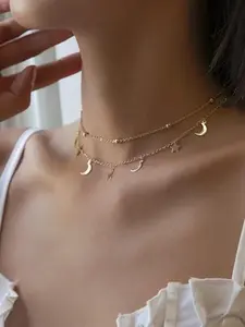 14k Star Moon Layered Collarbone Chain, Celestial Style Pendant Necklace, Elegant Stackable Jewelry Gift for Women