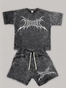 Men’s washed vintage cotton summer streetwear set featuring retro heavy metal graphic prints; casual commuter two-piece: crewneck short-sleeve T-shirt + shorts. Vintage 2000s style. Suitable for running, golf, fishing, basketball, camping, gym, swimming,