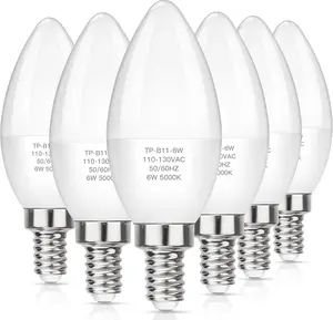 E12 LED Candelabra Light Bulbs 60W Equivalent, Daylight White 5000K 600 Lumen Chandelier Bulb, 6W B11 Candle Base, Non-Dimmable, Pack of 6