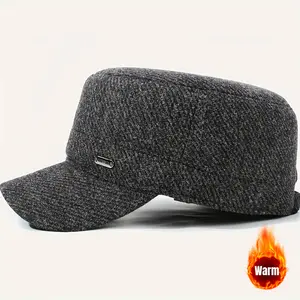 Men's Winter Warm Fleece-Lined Thickened Flat Cap with Ear Flaps - Tweed Style Felt Hat for Elderly & Middle-Aged, Multi-Color Options (Black, Navy, Brown, Grey) - Outdoor & Formal Cold Weather, Christmas/Thanksgiving/Halloween Accessory, Funky & Stylish