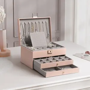 Double Layer Drawers Jewelry Box, 3-Tier Multi-Compartments Jewelry Organizer, With Key Lock, For Store Women's Earrings, Ring, Necklaces