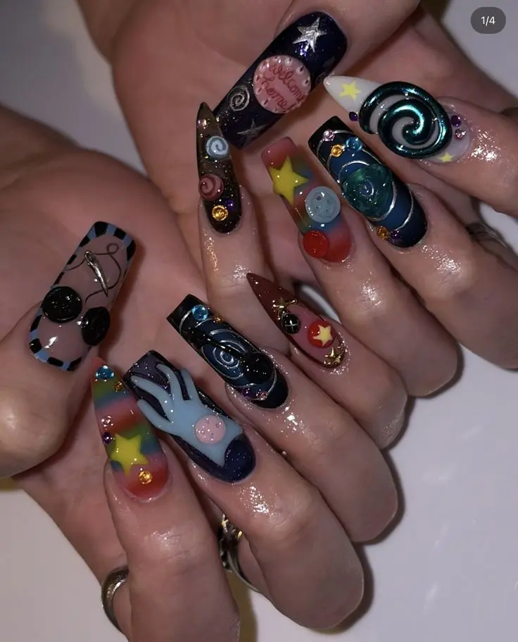 Coraline Inspired Press On Nails Long Square Fake Nails Button Eyes Galaxy Stars Welcome Home Spooky Halloween Reusable False Nails Women Party Stick On Nails Handmade Custom Acrylic Nail Art TikTok Viral Beauty Trendy Edgy DIY Manicure