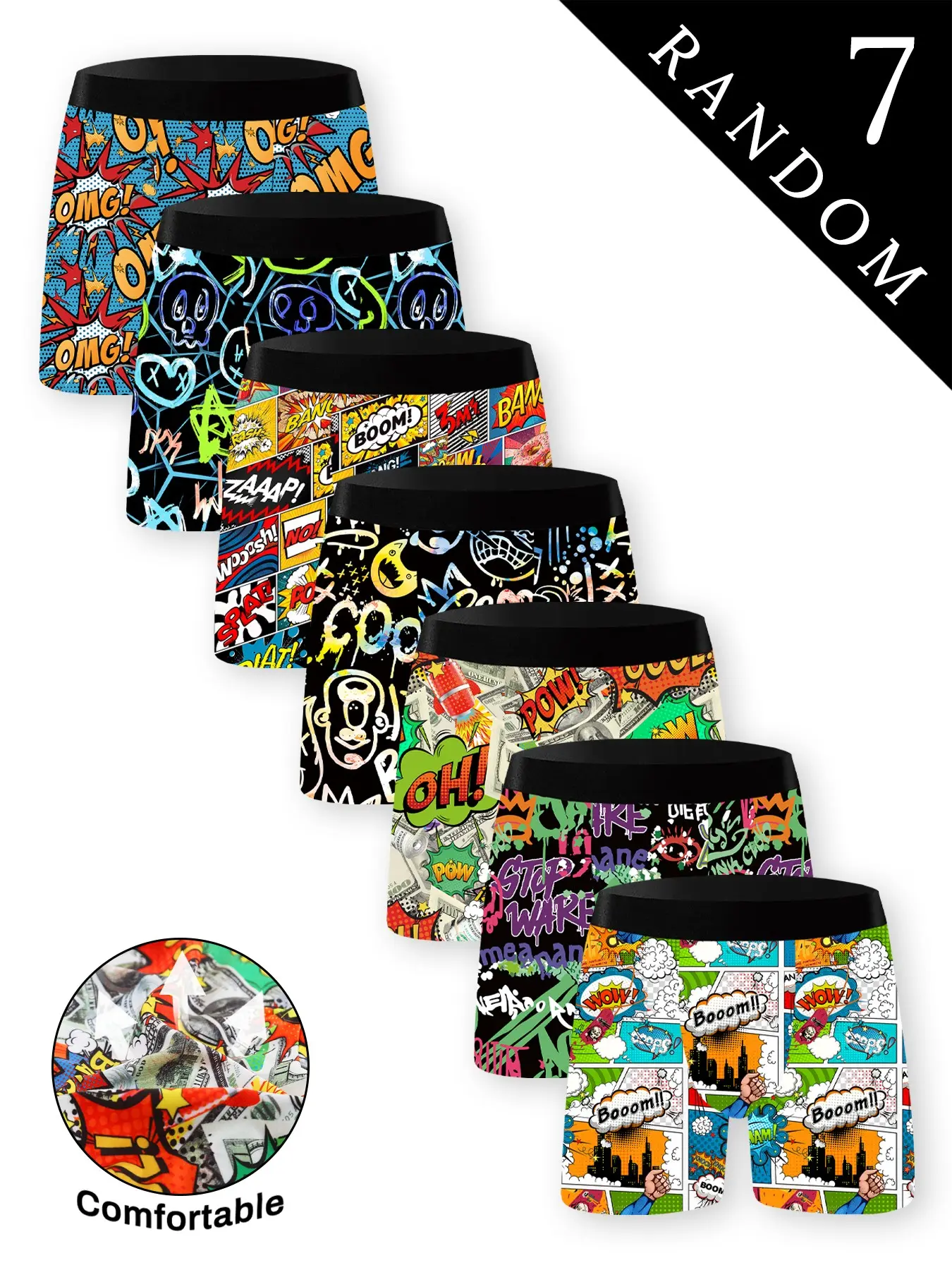 Random 7 Piece Men's Long Boxer Briefs, Comfortable Casual Graffiti Design, Suitable for Swimming Beach Diving Party, Fashion Gift Choice