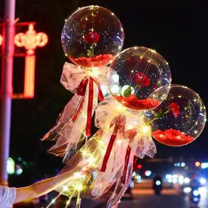 LED Luminous Balloon Rose Bouquet Transparent Bobo Ball Rose for Valentine's Day Party Atmosphere Creating High-Quality Latex & Artificial Flower with Battery Included