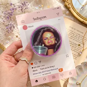 Sarcastic Sad Doll Meme Phone Grip, Cute Pink Purple Glitter Griptok Retractable Stand for iPhone, Funny Aesthetic Smartphone Accessories Gift Idea