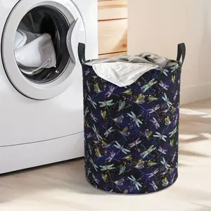 Foldable High-quality Oxford Cloth Laundry Basket with Purple Dragonfly Pattern - Large Round Storage Basket, with Handle, Suitable for Bedrooms, Bathrooms, Clothing Organization and Home Decoration