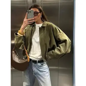 Women's Elegant Suede Oversized Jacket Fashionable Loose Fit Short Coat Military Neutral Tones for Fall Winter Casual Black