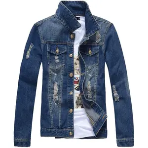 Mens Classic Ripped  Denim Jacket With Hole