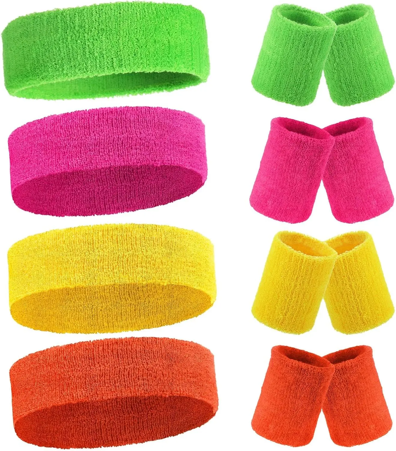 12 Pcs 80 90s Neon Sweatbands Soccer Baseball Headbands Wristband Set for Men Women Party Cotton Headbands Terry Cloth Athletic Sweat Bands for Tennis Football Gym Outdoor
