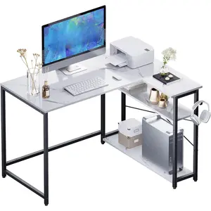 43 Inch L Shaped Computer Desk with Reversible Side Storage Shelves, Small Corner Desk for Small Space Home Office,Writing Study Table PC Desk for Bedroom,White Marble