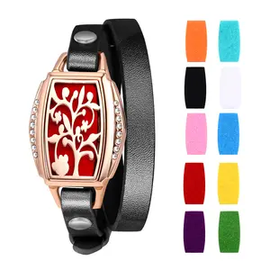OIDEA Tree of Life Essential Oil Diffuser Bracelet, Stainless Steel Leather Wrap Aromatherapy Locket Wristband Gift