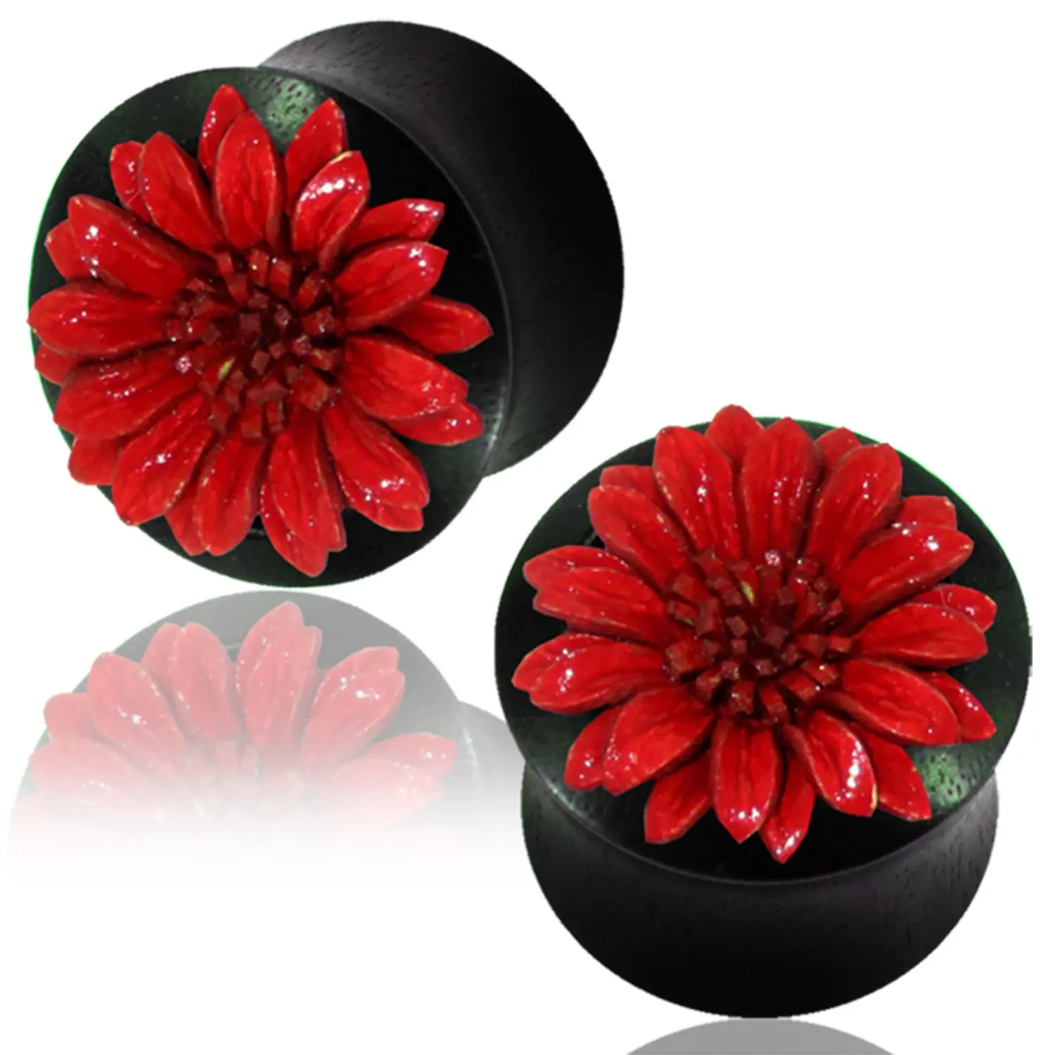 Organic Arang Wood Red Floral Gerbera Daisy Double Flared Saddle Ear Plugs, Pair