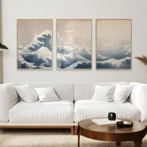 Japanese Wave Wall Art Set of 3, Serene Blue Ocean Landscape, Unique Minimalist Style Posters, Home Decor, High-Quality Canvas Prints