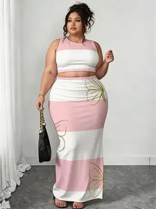 Plus Size Pink Stripe Butterfly Print 2 Piece Outfit Sleeveless Crop Top & Split Bodycon Midi Skirt Matching Set