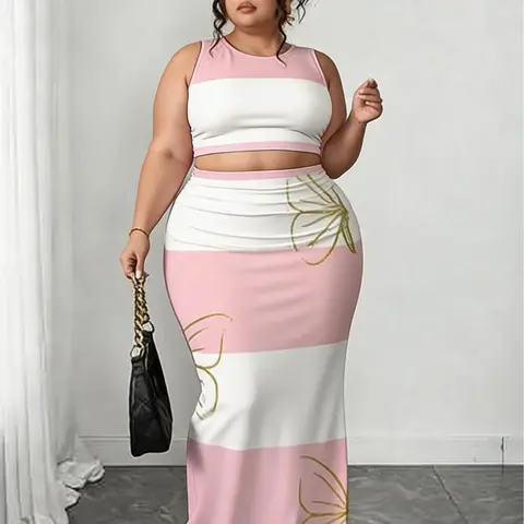 Women's Plus Size Comfortable Matching 2-Piece Set - Sleeveless Striped Butterfly Print Bodycon Crop Top, Midi-Length Split Stripe Skirt, Casual Chic Style Casual Women's Set for Going Out