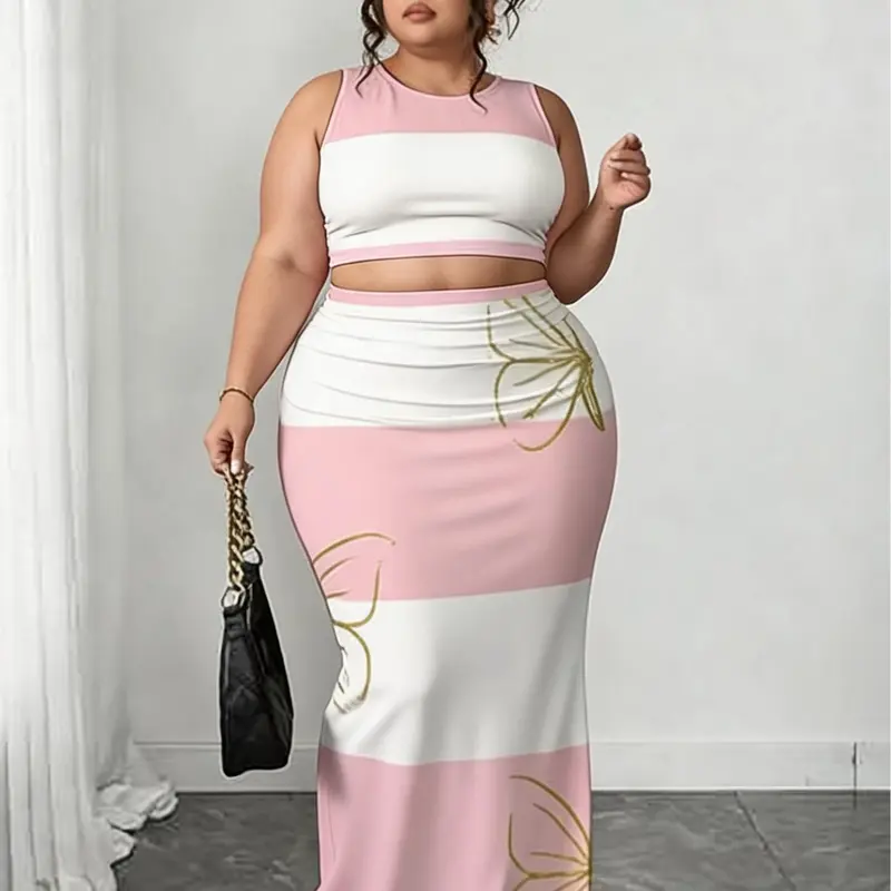 Women's Plus Size Comfortable Matching 2-Piece Set - Sleeveless Striped Butterfly Print Bodycon Crop Top, Midi-Length Split Stripe Skirt, Casual Chic Style Casual Women's Set for Going Out