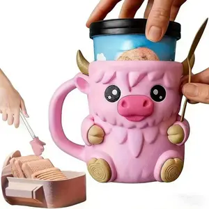 Highland Cow Ice Cream Cup Holder Mug, Reusable 3D Printed Cup, Hidden Snack Storage Drawer, Multi-Purpose Beverage Cooler, Party Accessories (Spoons Not Included)