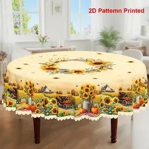 1pc, Spring Summer Themed Party Tablecloth, Pumpkin Sunflower Floral Country Style Printed Design, Rectangular/Round/Oval Table Cloth, Embossed Edge, Suitable For Picnic Dinner Kitchen Dining Room Decoration