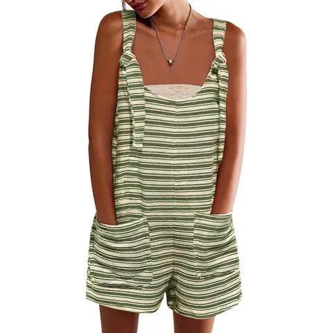 PASLTER Women's 2025 Summer High Turnaround Rate Scoop Neck Sleeveless Loose Striped Tank Jumpsuit - Tie Drawstring Overalls, Breathable Fabric, Side Pockets for Beach, Work