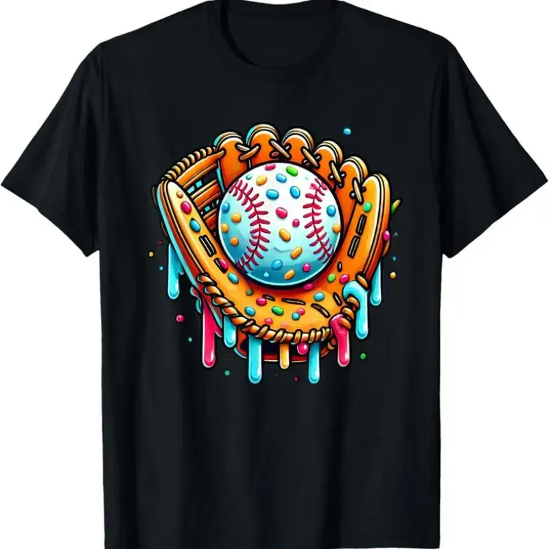 Men's Graphic T-Shirt, Casual Slim-Fit with Ice Cream Baseball Print, Soft Distressed Cotton Shortsleeve Top, Menswear