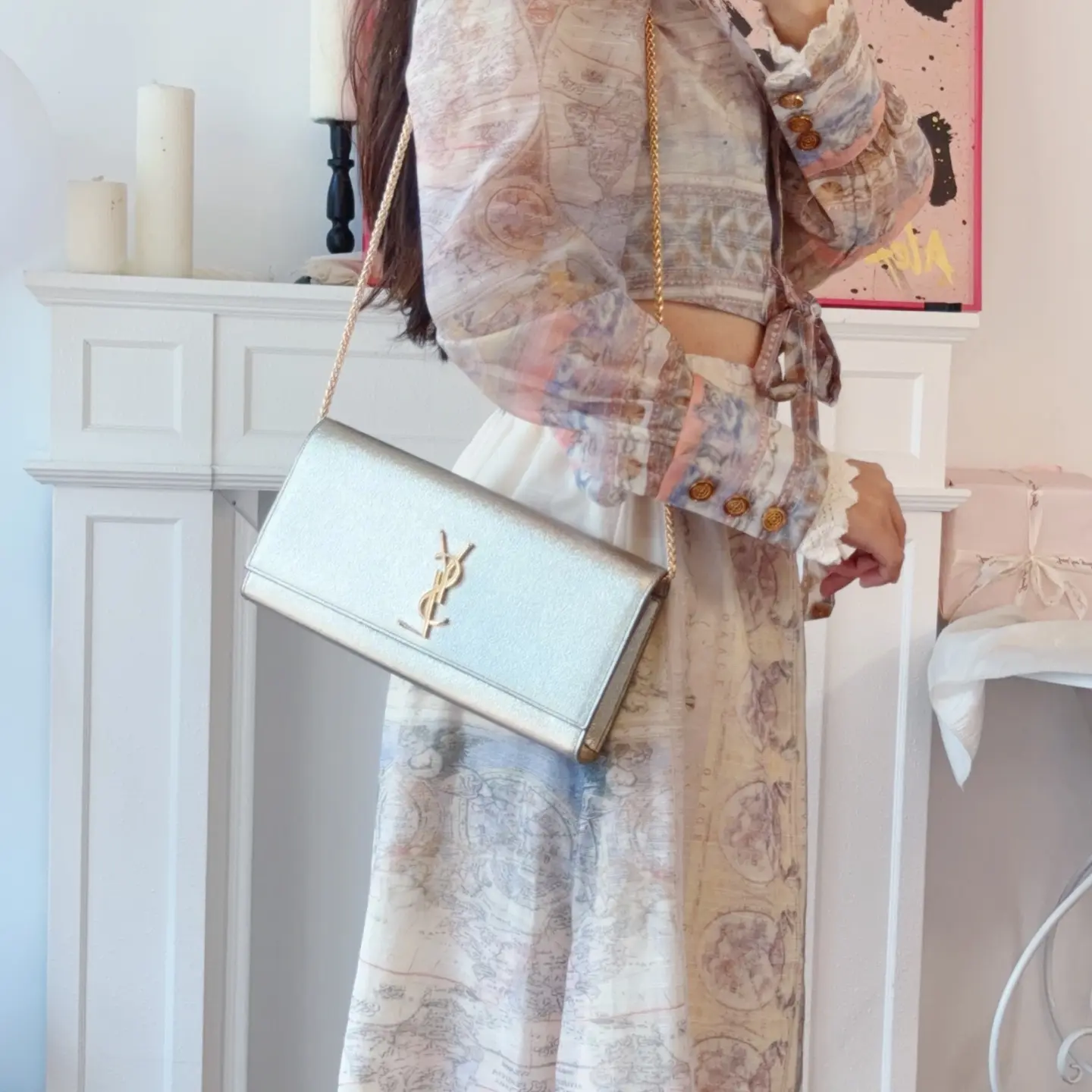 Pre-owned Yves Saint Laurent Kate Long Flap Clutch/Chain Shoulder Bag+Champagne Metallic + Luxury Bag | 11815