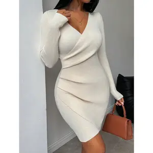 Women's Knitted Waist Bag Dress Long Sleeve V-neck Ribbed Sweater Dress Slimming Elegant Knitted Mini Dress Autumn/Winter Casual Party Cocktail Party Clothing Asymmetric Waist Details Women Elegant EveningRAIMENTRY