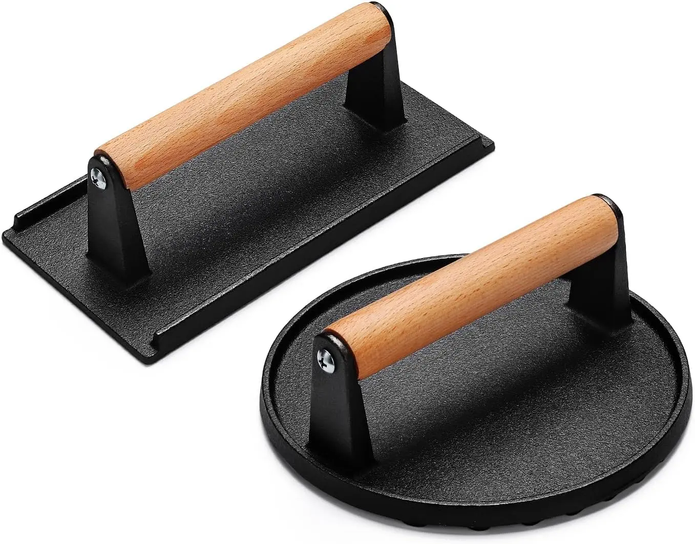 Burger Press, Smash Burger Press for Blackstone Griddle, Heavy Duty Cast Iron Round 6.9In & Rectangular 8.2x4.2In Bacon Grill Press with Wood Handle, Meat Steak Weight for Sandwich, Paninis
