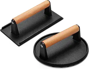 Burger Press, Smash Burger Press for Blackstone Griddle, Heavy Duty Cast Iron Round 6.9In & Rectangular 8.2x4.2In Bacon Grill Press with Wood Handle, Meat Steak Weight for Sandwich, Paninis