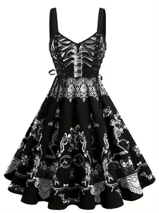 【Plus Size】 Halloween Themed Lace Up Backless Dress, Gothic Style Sleeveless Dress for Party Holiday Vacation, Women's Plus Clothing for All Seasons