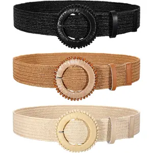 3 Pack Straw Woven Stretch Belt for Women,Raffia Elastic Belt for Dress Wide Boho  Belt with Round Buckle