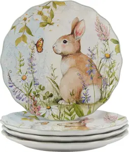 11-Inch Dinner Plates,Set of 4 – Whimsical Bunny & Floral Design for Easter Decor, Spring Tablescape – Enjoy Large portions. Microwave & Dishwasher