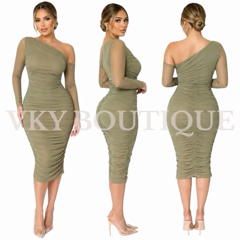 Women’s One-Shoulder Mesh Ruched Bodycon SV Midi Dress | Elegant Long Sleeve Dress