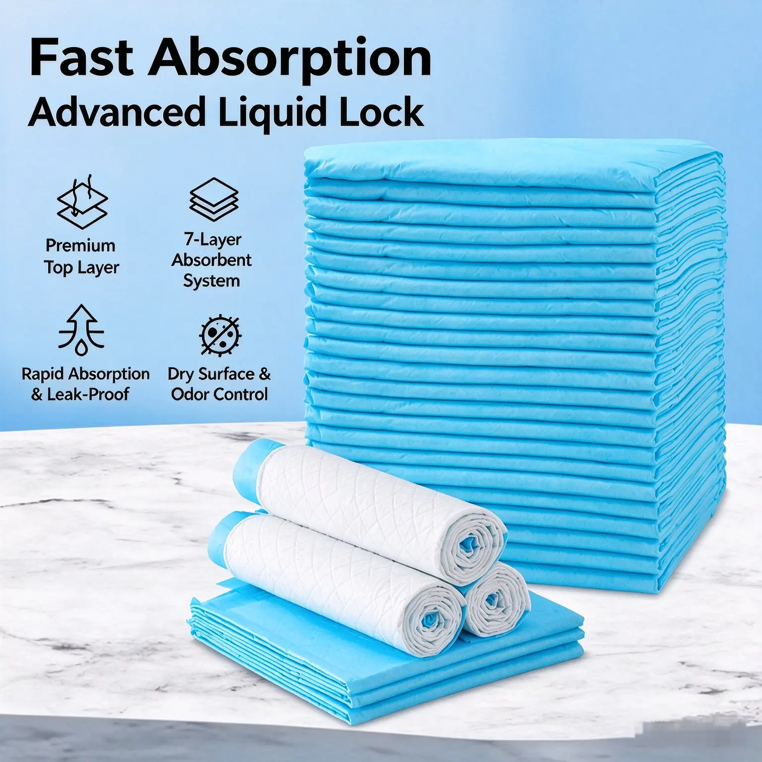 Hot Selling PET 100-Pack Heavy Duty Disposable Underpads, High Absorbency Fluff Core Protective Bed Pads, Quick Liquid Lock & Leak Resistant Pee Pads, Multi-use Protection Mats for Babies, dog， cat  Elderly, Puppies & Household Pets