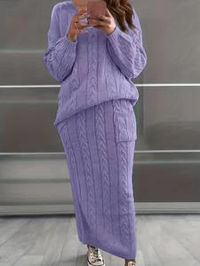 women's solid cable knit sweater & pocket skirt set, casual textured long sleeve round neck jumper & long skirt, clothing, fall clothing, fall tops & skirts set, womenswear