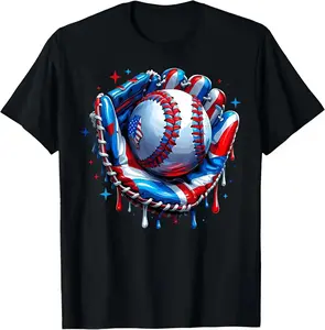 Youth and Adult Baseball Drip Ice Cream Sprinkles Baseball Glove 4th of July T-Shirt, Baseball shirt for youth, 4th of July shirt, Independence Day outfit, Red White Blue Patriotic Baseball Tee, Funny Sports Fan Shirt, youth clothing, summer outfit