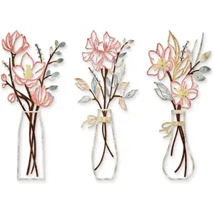 3 Pcs Metal Flowers Wall Arts Rustic Farmhouse Decor Bathroom Wall Decor Dining Room Wall Decor Minimalist Decor Housewarming Gifts (Multicolored) 13.8x6 inch Colorful Floral front porch