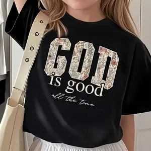 Girls' Christian Faith-Based T-Shirt - "God is Good All the Time" Bible Top - Soft Stretchy Knit Tee for Everyday & Church - Black with White Lettering - Lightweight Summer Shirt for Young Believers - Girls Clothing, Religious Inspirational Apparel