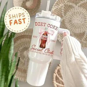 [Custom Name] Diet Coke Social Club pink Bow 40oz Stainless Steel Tumbler, Tumbler with Handle & Straw, Gift For Her