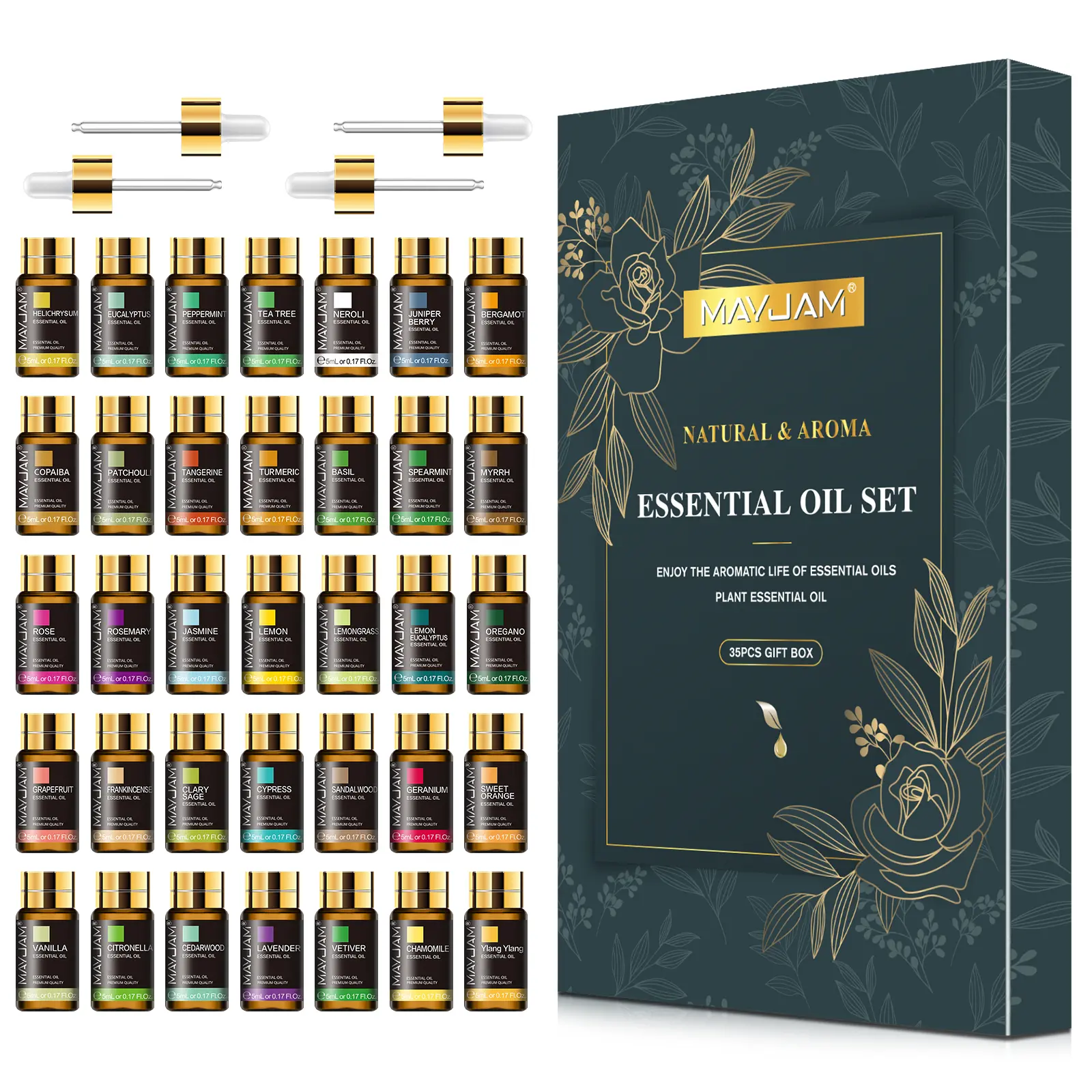 MAYJAM 35x5ML Essential Oil Gift Set - Floral & Citrus Scent Flowers Fragrance for Aroma Diffusers, Home Air Fresheners