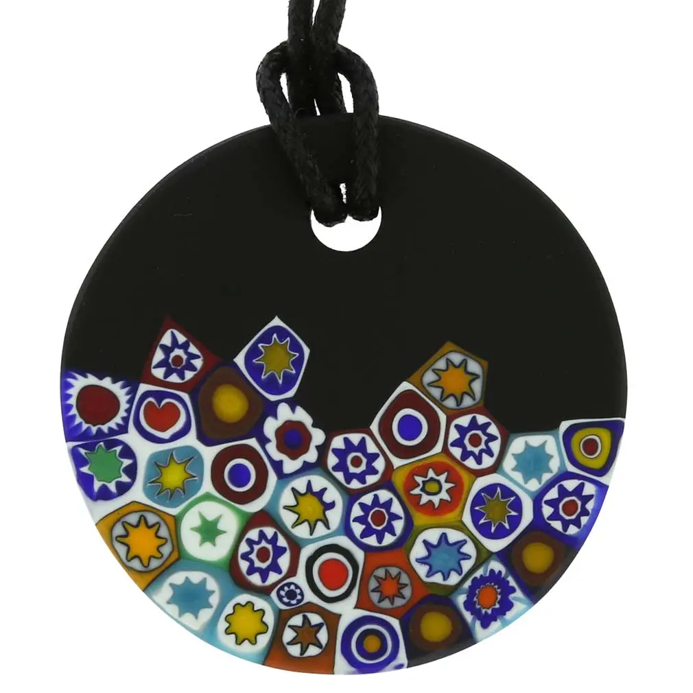 GlassOfVenice Murano Glass Matte Millefiori Round Necklace - Handmade Craft, Approximately 2 Inches Diameter, Casual Black Collectible Costume Jewelry, Contemporary Aesthetic Accessory, Birthday Anniversary Gift, Classic
