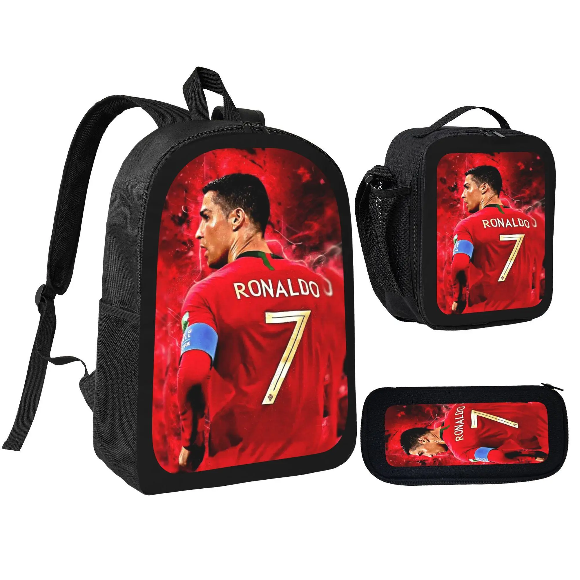 Boys' 3-Pcs School Size Backpack Set - Ronaldo Number 7 Red Jersey Player Print, Includes Lunch Bag & Pencil Pouch for Kids Students, School Size Backpacks