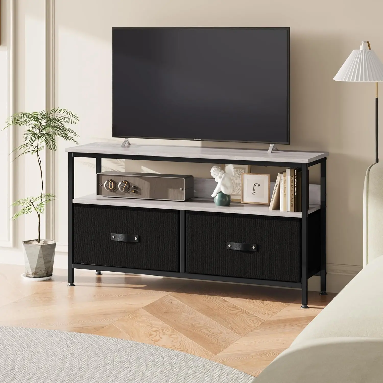 50 Inch TV Stand for Living Room, Dresser TV Stand for with 2 Drawers, Small Entertainment Center with Storage, Grey Board + Black Drawers Tv Console Table Tv Shelf - TikTok Shop 50 Inch TV Stand for Living Room, Dresser TV Stand for with 2 Drawers, Small Entertainment Center with Storage, Grey Board + Black Drawers Tv Console Table Tv Shelf - TikTok Shop