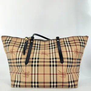 Pre-owned BURBERRY leather tote bags Haymarket Check Small Zip Tote Chocolate J00129 NO2