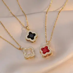 Fashionxu Jewelry Elegant Clover Pendant Necklace, 18K Gold Plated Stainless Steel, Crystal Zirconia Inlay, Red Black Clear Colors, Great gift for her