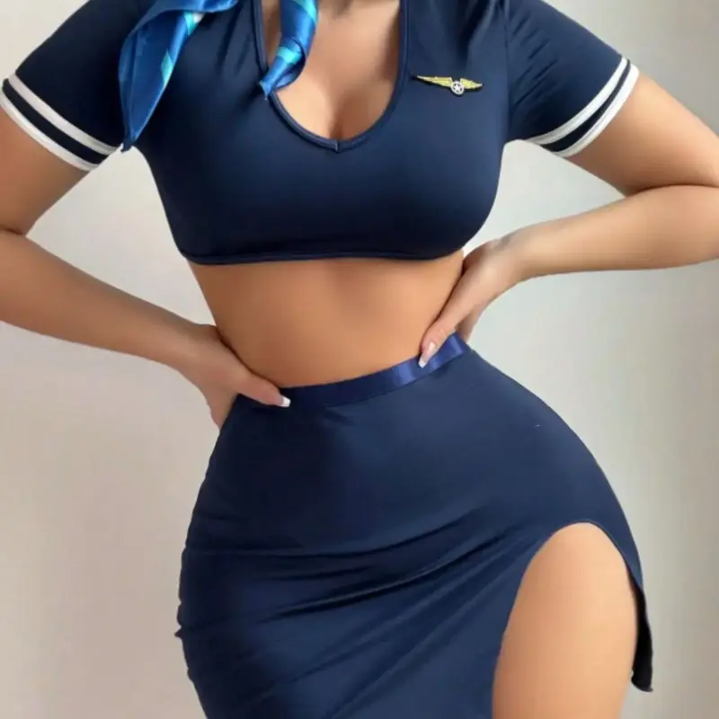 Women's Two-Piece Roleplay Costume Set, Sexy Cropped Top & Slit Hem Bodycon Skirt, Slim-Fitting Party Nightclub Clubwear for All Seasons