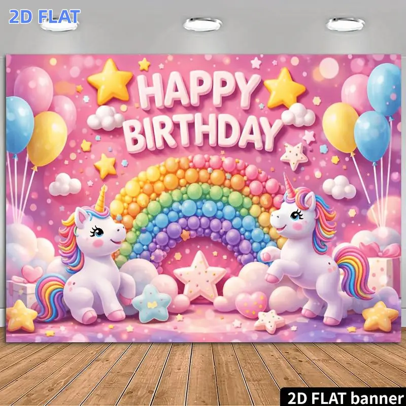 2D Flat Banner 1pc, Unicorn Candy Rainbow Birthday Backdrop Pink Background with HAPPY BIRTHDAY Theme Paired with Macaron Balloons Candy Rainbow Star Decorations Durable Material No Power Required Suitable for Indoor Outdoor Birthday Party Decorations