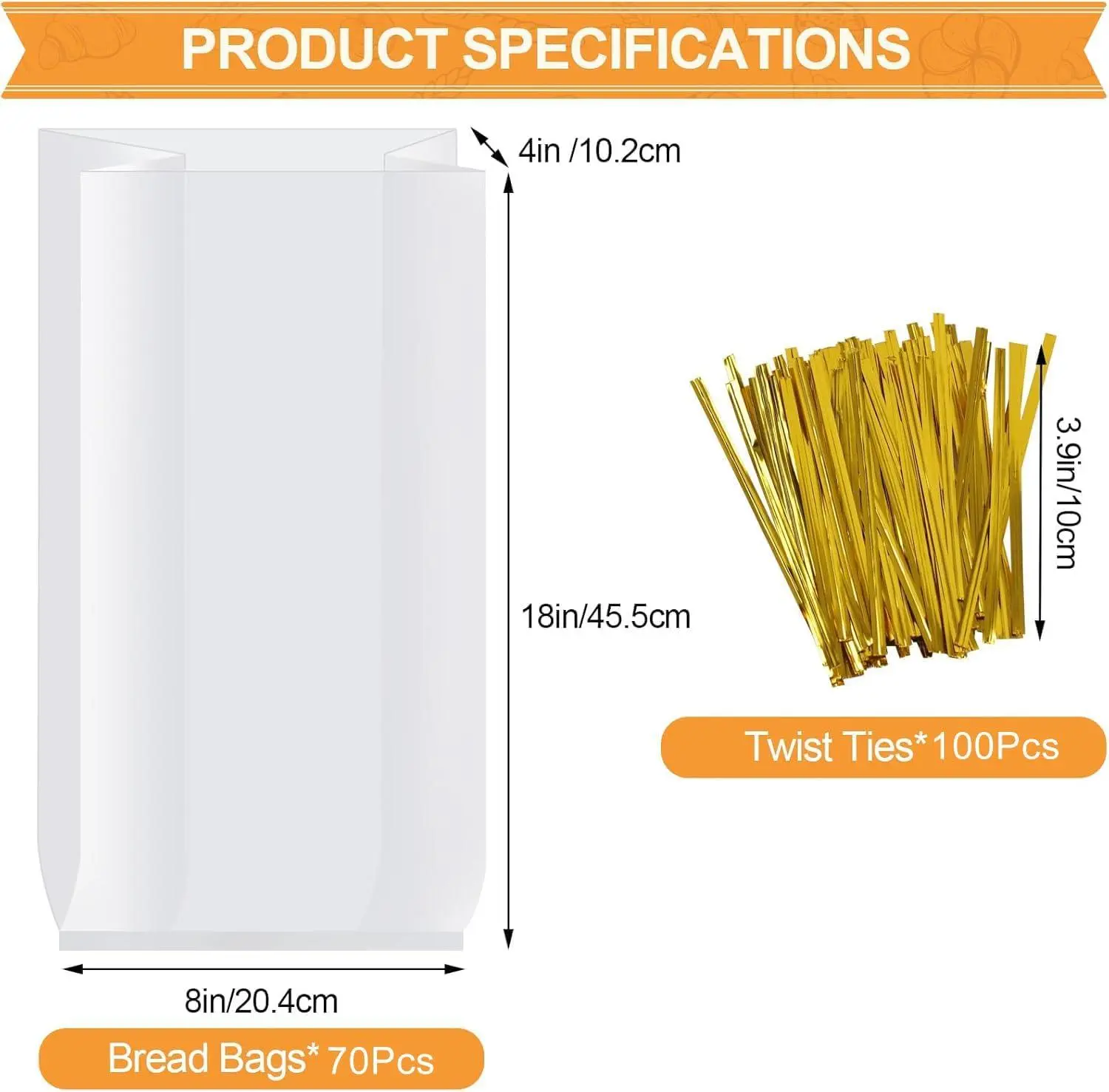70 Pack Bread Bags & 100 Pack Ties, 8" X 4" X 18" Clear Bread Bags for Homemade Bread, Reusable Plastic Bread Storage Bags for Bakers, Bakery Owners