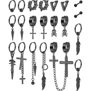 Jstyle 21 Pcs Earrings for Men Stainless Steel Black Long Chain Dangle Hoop Earrings for Men Women Jewelry Piercing Men Earrings Set